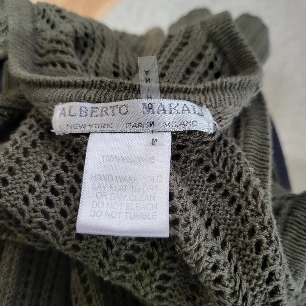 Alberto Makali Knit Button Down V Neck Olive Sweater with Beaded Open Shoulders